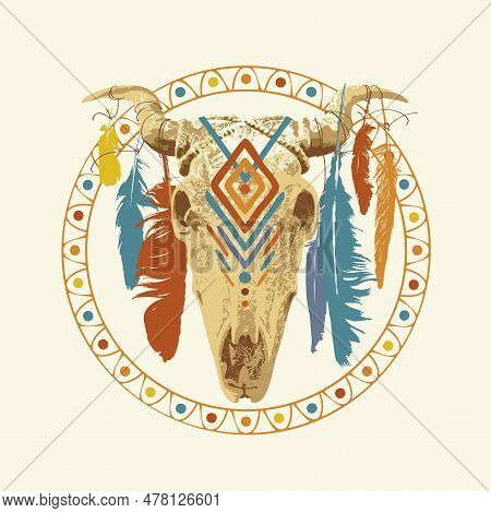 Ethnic Indian, American Or Mexican Bull Or Cow Skull With Feathers On Horns With Folk Ornament. Vect