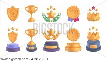 Golden Award Icons. Set With Rewards, Prizes And Trophies For Winners. Volumetric Shining Crown, Med