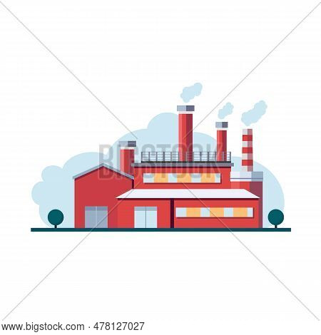 Industry Factory Building Isolated On White Background. Factory With Polluting Chimneys In Flat Styl
