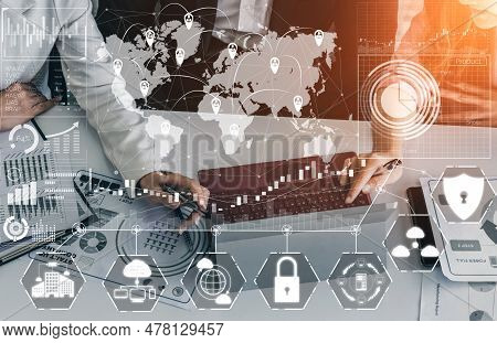 Cyber Security And Digital Data Protection Concept. Icon Graphic Interface Showing Secure Firewall T