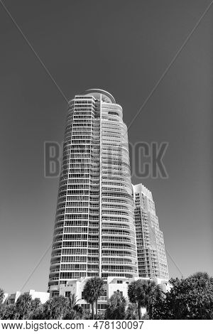 Urban Skyline With Towerblocks And Palms On Blue Sky In South Beach, Usa