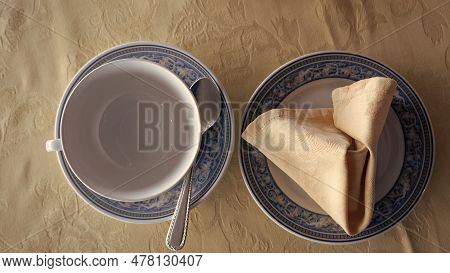 Teaware For Serving Tea. Teaware On Tablecloth. Teaware Collection. Porcelain Ceramic Teaware