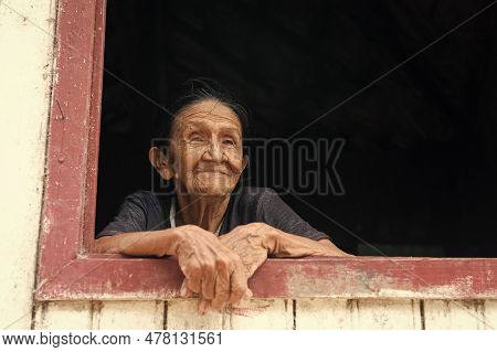 Boca De Valeria, Amazon River Brazil - December 03, 2015: Old Senior Woman In Povetry, Copy Space