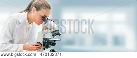 Scientist Researcher Using Microscope In Laboratory. Medical Healthcare Technology And Pharmaceutica