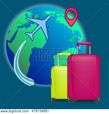 Vector Illustration Of Flying Air Plane On Blue Planet Background. Luggage On Background Of Globe, T