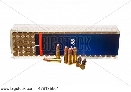 A Box Of .22lr Cartridges. Small-caliber Cartridges For Hunting And Sports. Isolate On A White Backg