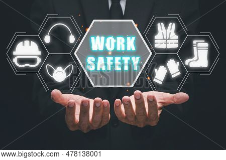 Work Safety Concept, Businessman Hand Holding Holographic Vr Screen Work Safety Icon, First Secure R