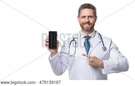 Medical Man Pointing Finger Telehealth On Phone Screen. Medical Man Show Telehealth Isolated On Whit