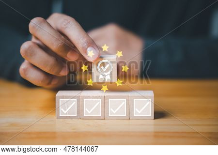 Iso Quality Control Certification Concept Displayed Through Wooden Cube With A Check Mark Guarantee 
