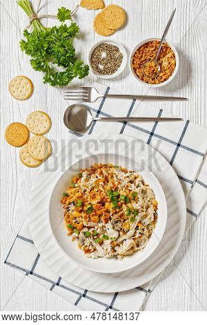 Chicken Rice Casserole D Iberville Topped With French Fried Onion And Crumbled Crackers In Bowl On W