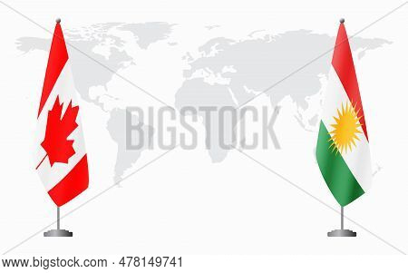 Canada And Kurdistan Flags For Official Meeting Against Background Of World Map.