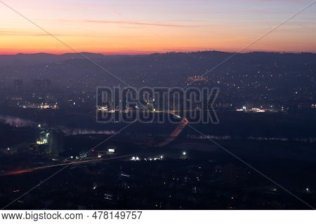 Landscape Of City Of Doboj And River Bosna During Dusk