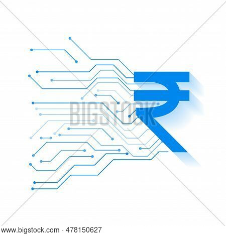 Digital Currency Indian Rupee White Background With Circuit Lines Vector