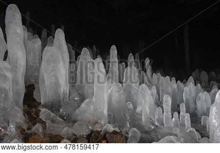 Russia. Kuril Islands. Cave With Numerous Ice Stalagmites On The Island Of Iturup. During The Time O