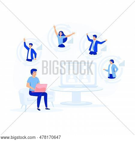 People Character Working Remote At Home And Using Laptop For Video Meeting With Colleagues And Frien