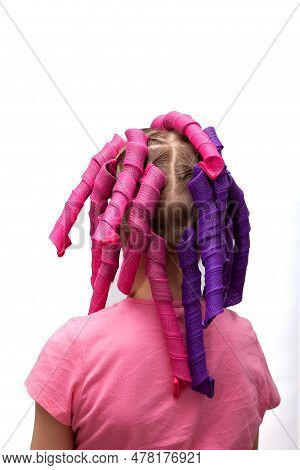 Soft Spiral For Curling Hair On Little Girl's Head. View Of The Back Of Head. Long Curlformers. Fash