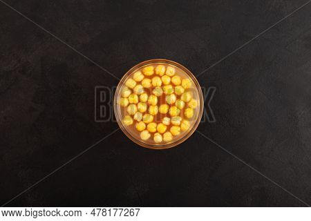 Aquafaba In Glass On Dark Textured Background, Top View. Selective Focus. Chickpea Broth. Aquafaba S