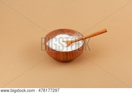 Salep Powder In Wooden Bowl. Salep, Also Spelled Sahlep Or Sahlab Is A Flour Made From The Tubers Of