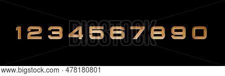 A Set Of Gold Digits From Zero To Nine. 3d Render. Illuminated Volume Figures. Set Of Arabic Numbers