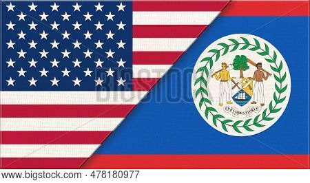 Flags Of Usa And Belize. American And Belize National Flags On Fabric Surface. Flag Of Usa And Beliz