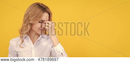 Tied Woman Broker Suffer From Fatigue And Headache Yellow Background, Stress. Woman Isolated Face Po