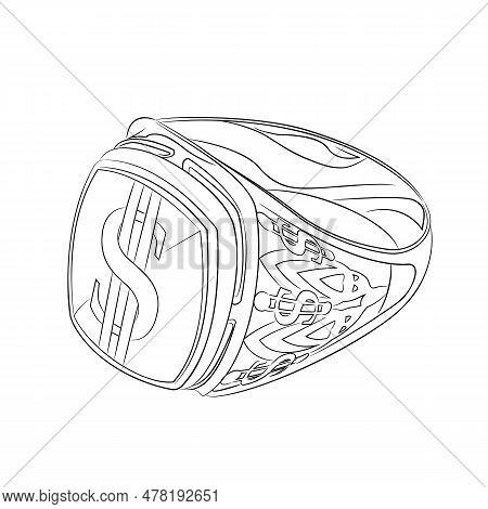 Vector Illustration Of Red And White Gold Signet Ring With Onyx With $ Sign. Male Gold Ring Decorate