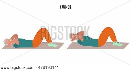 Senior Man Doing Crunch Exercise. Active Lifestyle. Flat Vector Illustration