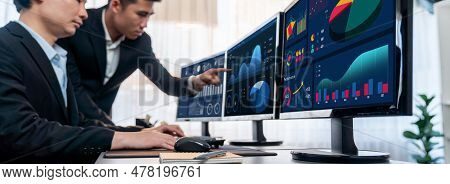 Analyst Working On Data Analysis Or Bi Dashboard On Computer Monitor. Business Team Analyzing Financ