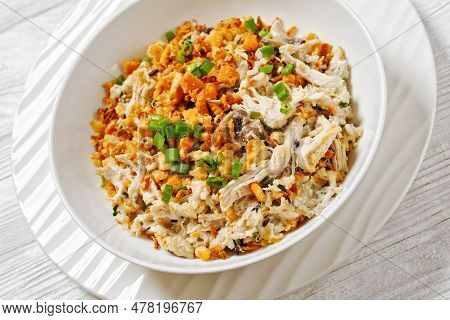 Chicken Rice Casserole D Iberville Topped With French Fried Onion And Crumbled Crackers In Bowl, Clo