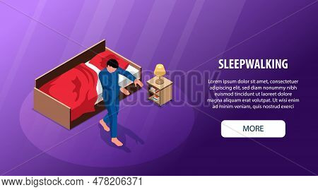 Sleepwalking Isometric Horizontal Web Banner With Man Suffering From Somnambulism Vector Illustratio