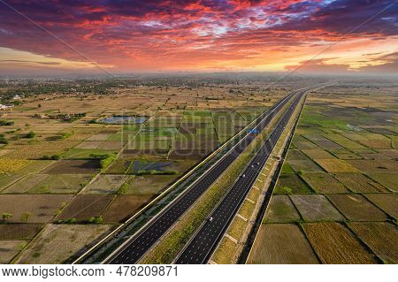 Locked Tripod Aerial Drone Shot Of New Delhi Mumbai Jaipur Express Elevated Highway Showing Six Lane