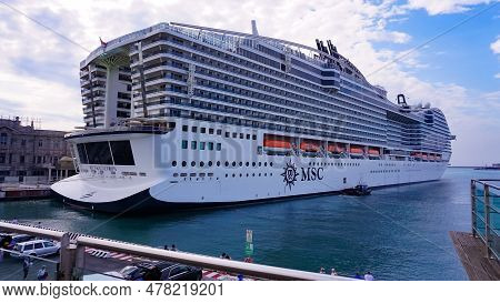 Genoa, Liguria, Italy - April 28, 2023: The Cruise Ship Msc World Europa In Port Of Genoa On April 2