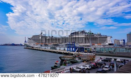 Genoa, Liguria, Italy - April 28, 2023: Panoramic View Of The Msc Terminal At Genoa Port With Cruise
