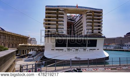 Genoa, Liguria, Italy - April 28, 2023: The Cruise Ship Msc World Europa In Port Of Genoa On April 2