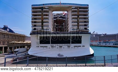 Genoa, Liguria, Italy - April 28, 2023: The Cruise Ship Msc World Europa In Port Of Genoa On April 2