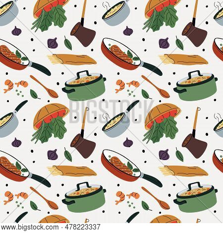 Cartoon Cooking Food Seamless Pattern. Kitchen Dishes With Products. Meal Preparation. Pot And Pan. 