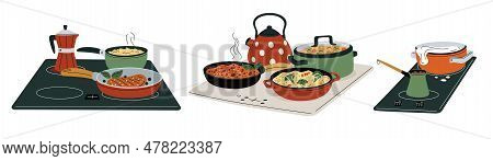 Cooking Food. Dishes On Stoves. Pot And Pan On Cooktops. Meal Preparation Process. Pasta And Soup Pr