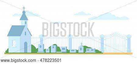 Landscape Of Cemetery With Tombstones. Fence Gates. Christian Church Building. Gravestone Memorial M