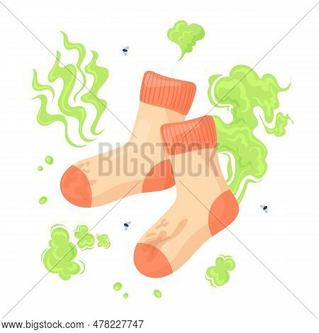 Smelly Socks. Dirty Stinky Rotten Sock From Old Foot Shoes, Sweaty Used Clothes With Bad Smell Stink