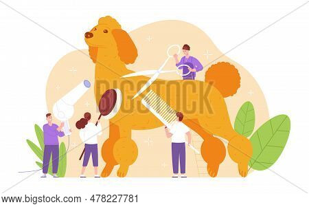 People Grooming Dog. Tiny Groomers Or Hairdressers Trimming Fur Of Beautiful Doggy, Groomer Salon Pe