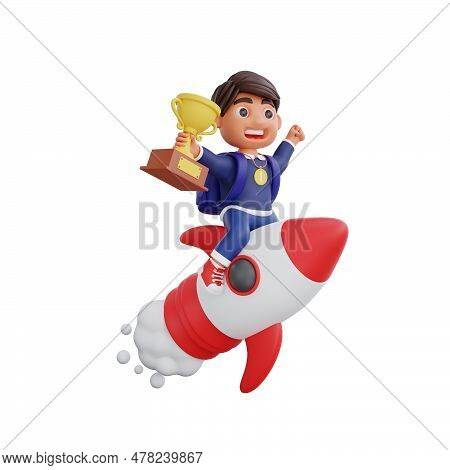 3d Cute Character Champion Get Trophy And Medal Flying On A Rocket Back To School Concept