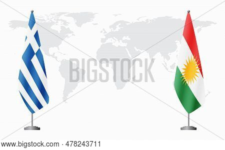 Greece And Kurdistan Flags For Official Meeting Against Background Of World Map.