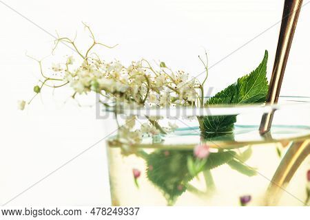 Dwarf Elderberry Juice, Elderberry Syrup In A Glass Cup With Blossoms And Bunches Of Elderberries An