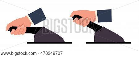 Hand Presses And Releases Handbrake. Automobile Parking Brake Lever, Graphic Stop Icon Element, Car 