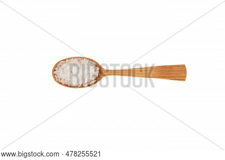 Large White Crystals, Lemon Salt In Wooden Spoon On White Background, Top View. Citric Acid Salt. Fo