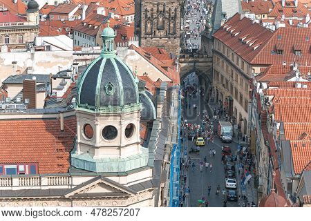 Prague, Czech Republic - September 14, 2019: Mostecka Street And Charles Bridge As Seen From Church 