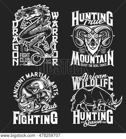 Dragon, Rhino, Goat And Fish Mascots And T-shirt Prints. Vector Sports, Fighting Or Hunting Club Bla