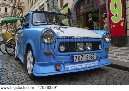 Prague, Czech Republic-august 21,2018:close-up View Of Iconic Trabant  601 For Rent. Vintage Blue Ca