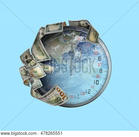 Speed Of Money Transaction. Double Exposure Of Planet And Stopwatch With Dollar Banknotes On Light B