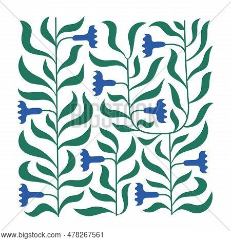 Square Shape Abstract Foliage Ornament With Blue Flowers. Vector Banner With Climbing Plant.
